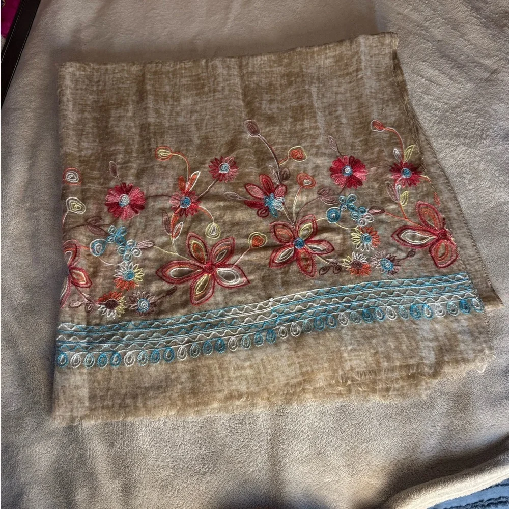 Rare Haw by Twentynine‎ Palms Tan Oversize Floral Embroidered Scarf